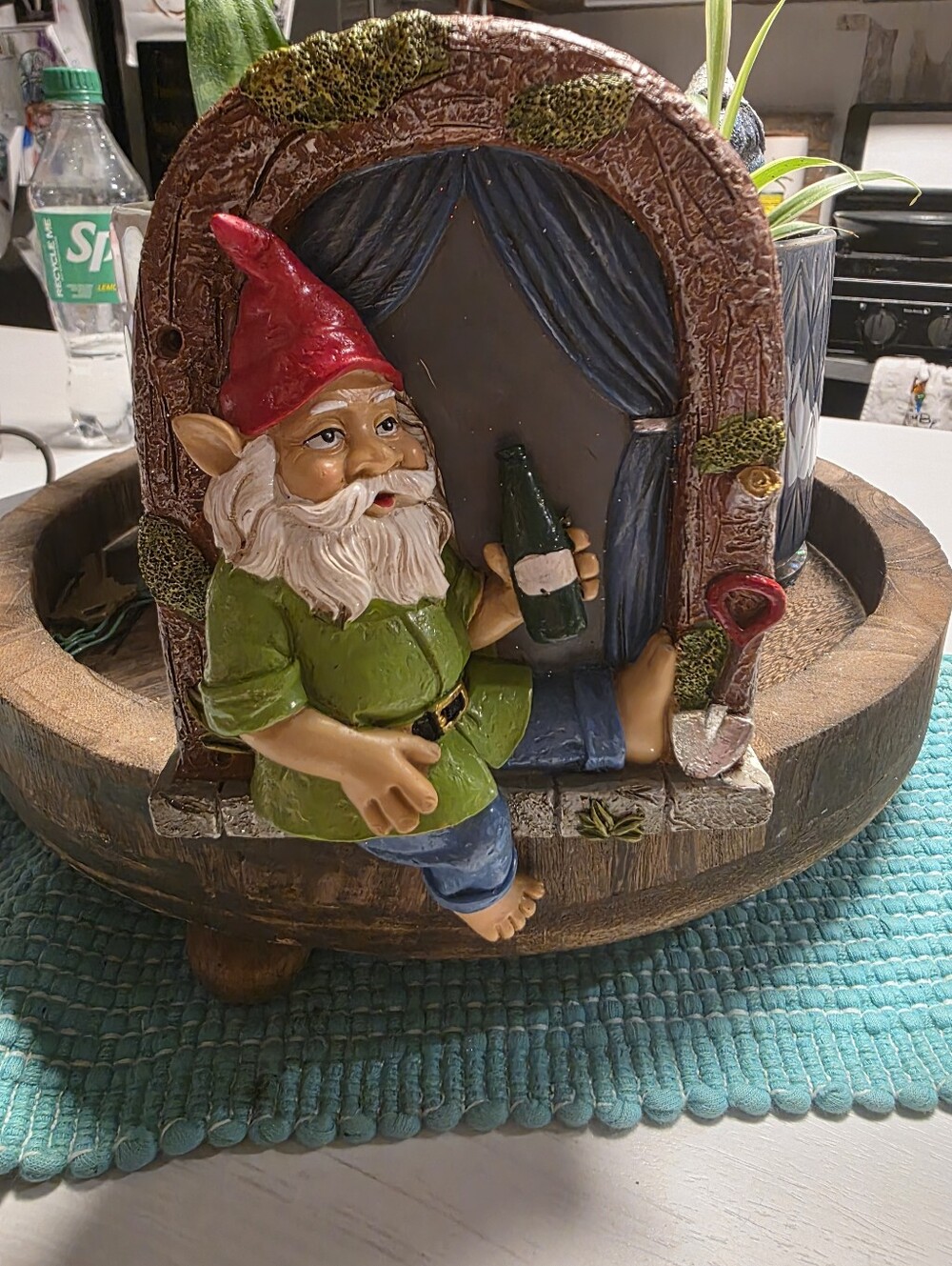 Garden Gnome Door Figurine with Bottle - Red Hat, Green Tunic